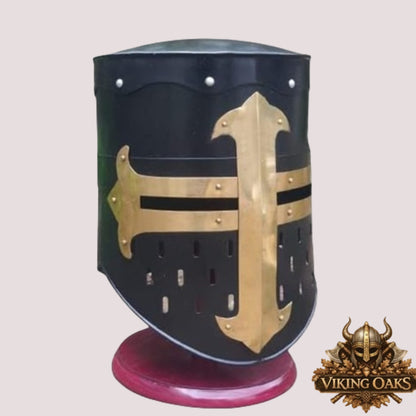 Black Knight Helmet with Wooden Stand – Medieval Armor Collectible Display Piece