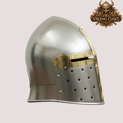 Sugarloaf Crusader Helmet with Wooden Stand – Silver Medieval Knight Armor Display