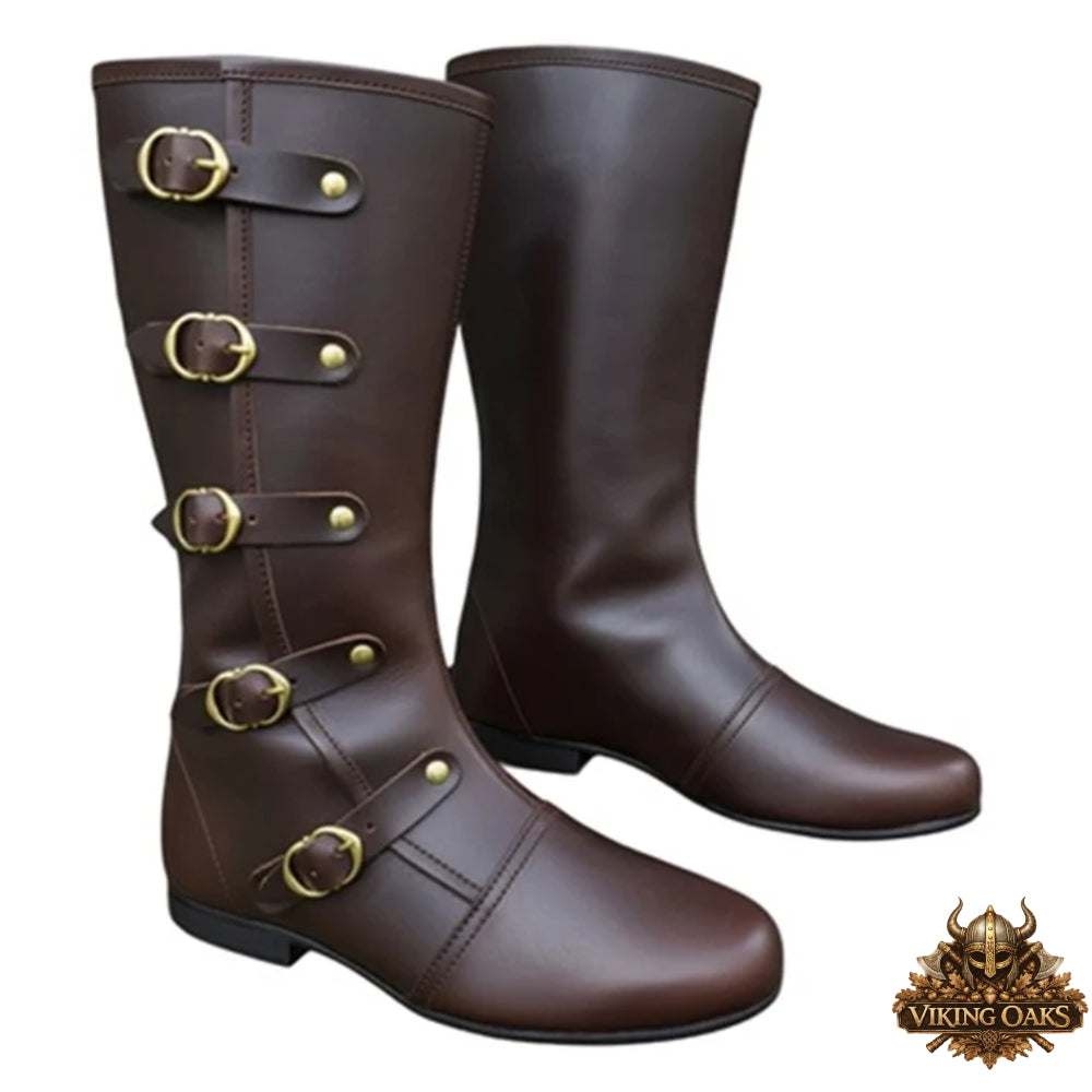 Durable Handcrafted Brown Leather Pirate Boots with Adjustable Buckles