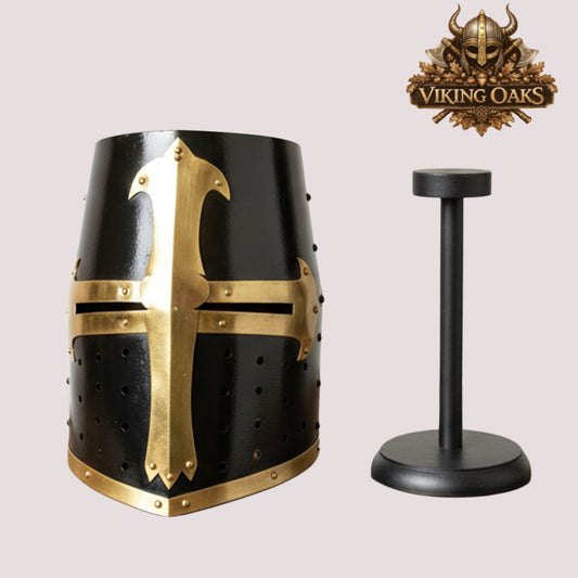 Black Crusader Helmet with Brass Trim – Knights Templar Armor for Reenactment & Cosplay