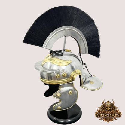 Roman Centurion Helmet with Black Plume – Warrior Armor Helm with Display Stand for Décor & Cosplay
