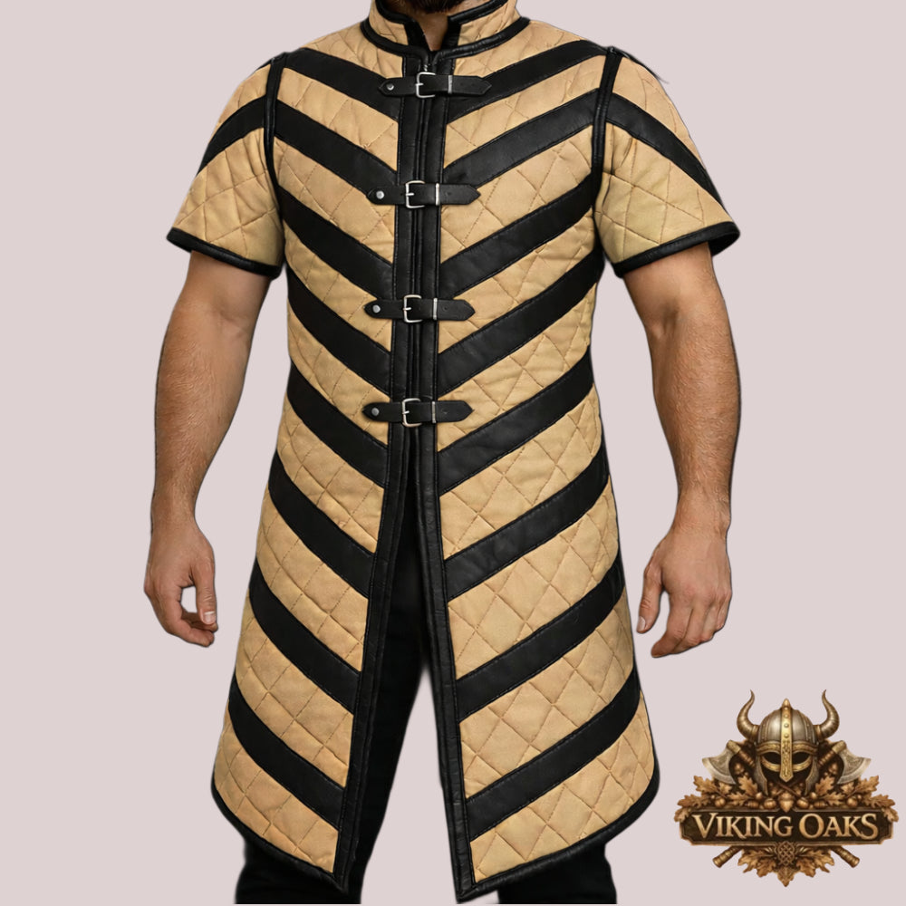 Gold Medieval Gambeson Jacket with Black Leather Trim for Knight Armor Cosplay Outfit