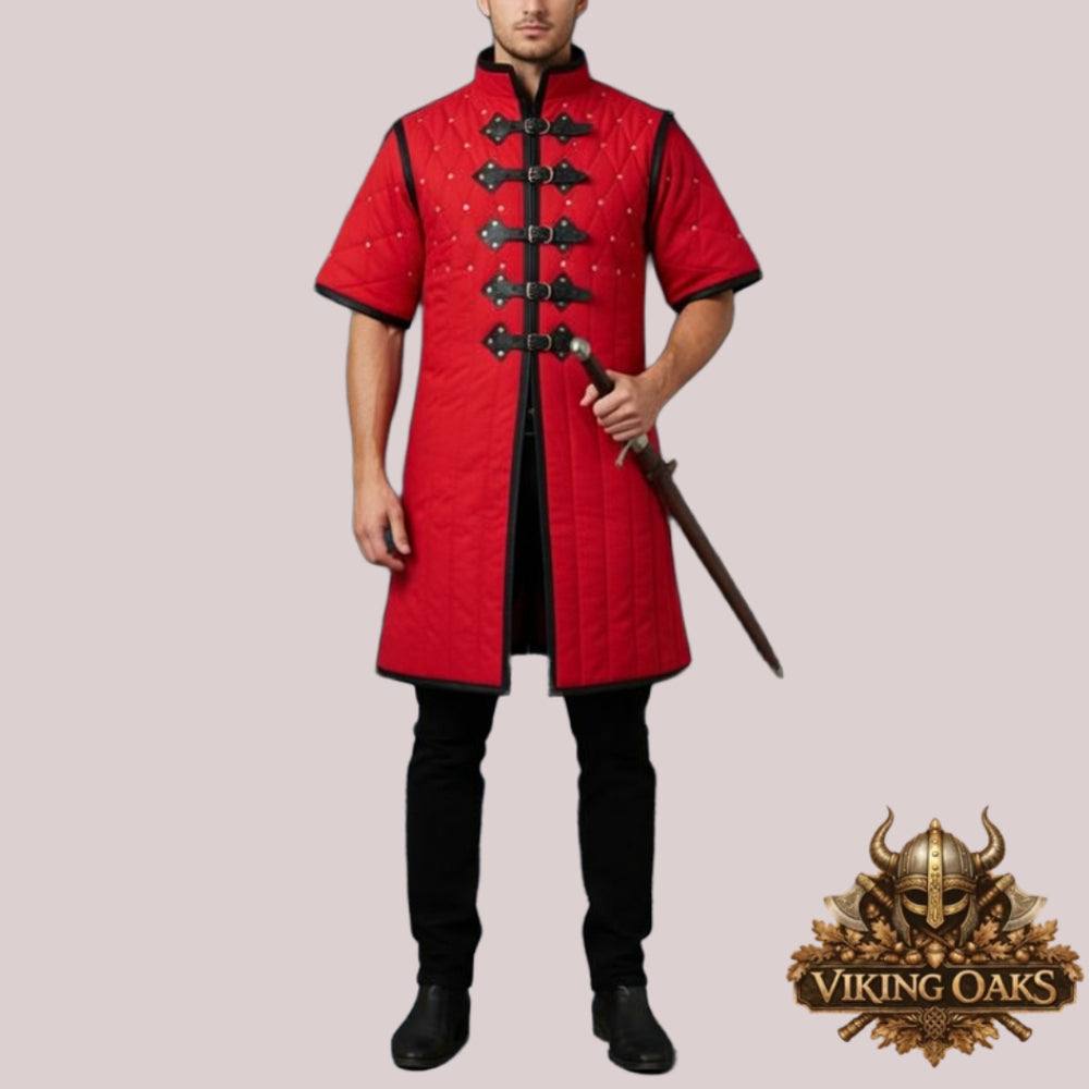 Medieval Renaissance gambeson armor tunic with quilted cotton padding and leather accents for men and women costume