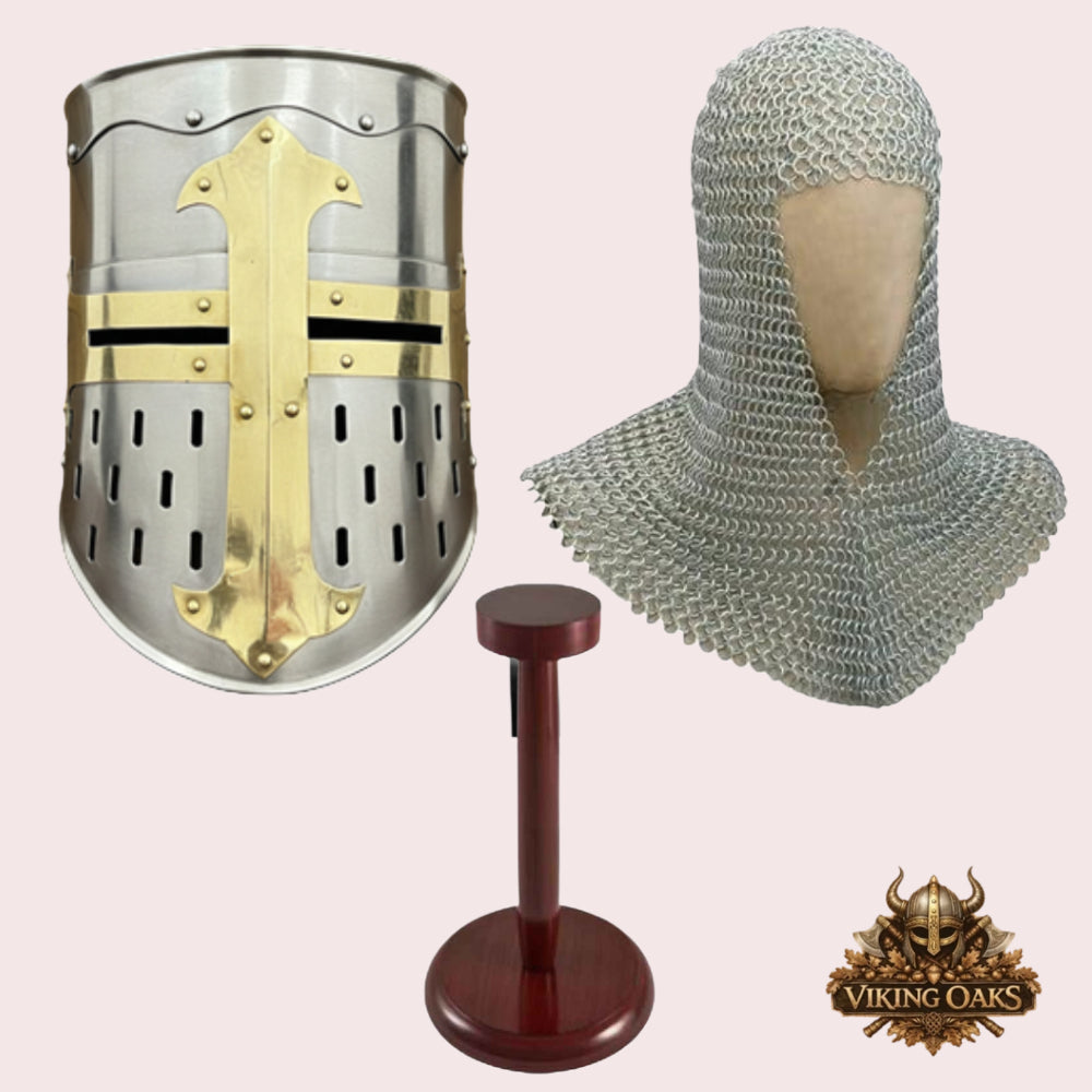 Medieval Crusader Helmet with Chainmail Coif & Stand Knight Armour Costume Set