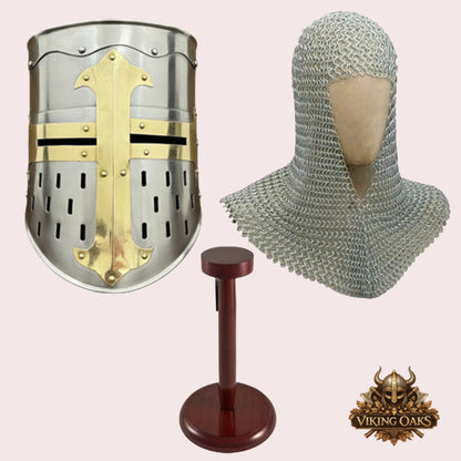 Medieval Crusader Helmet with Chainmail Coif & Stand Knight Armour Costume Set