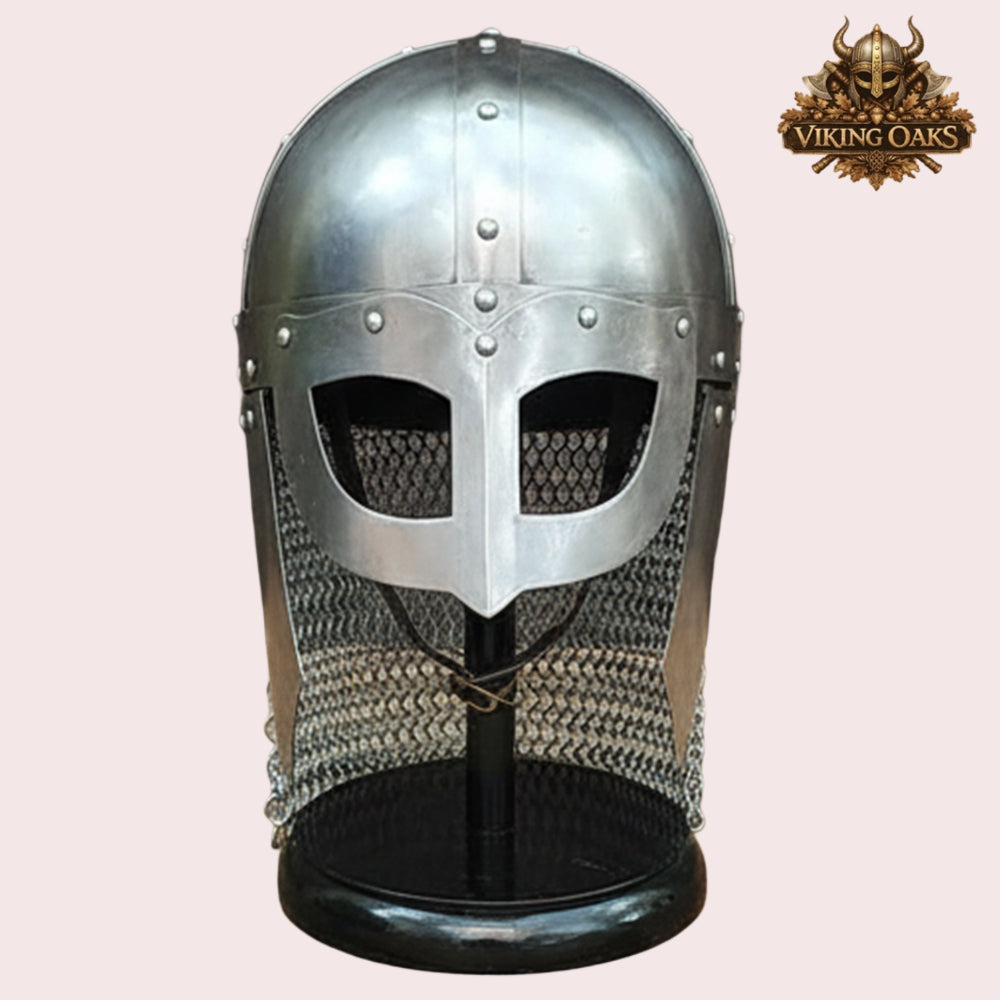 Viking Vendel Spectacle Helmet with Chainmail & Wooden Stand | Norse Armour Helmet