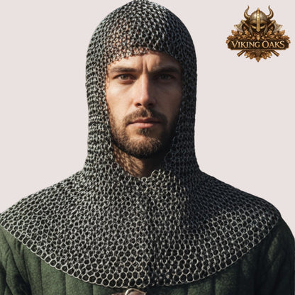 9MM Round Riveted Chainmail Coif Medieval Hood Ren Faire Costume