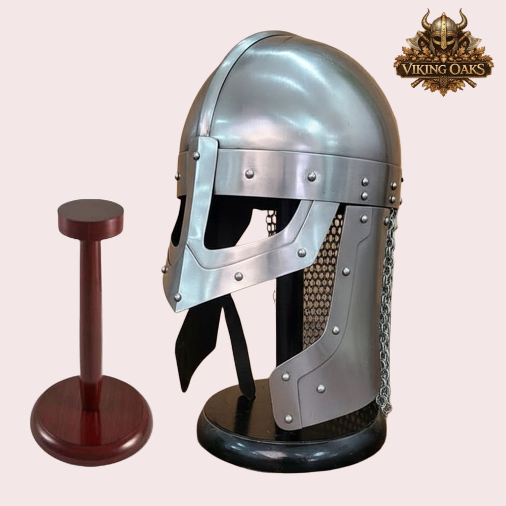 Raven Viking Helmet Norman Knight Chain Mail Helmet with Wooden Stand