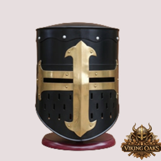 Black Knight Helmet with Wooden Stand – Medieval Armor Collectible Display Piece