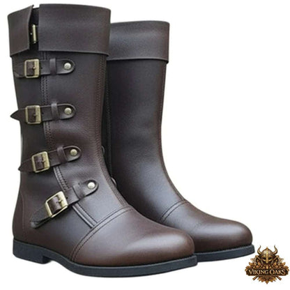 Medieval Renaissance boots in brown leather for historical reenactment and Ren Faire costumes.