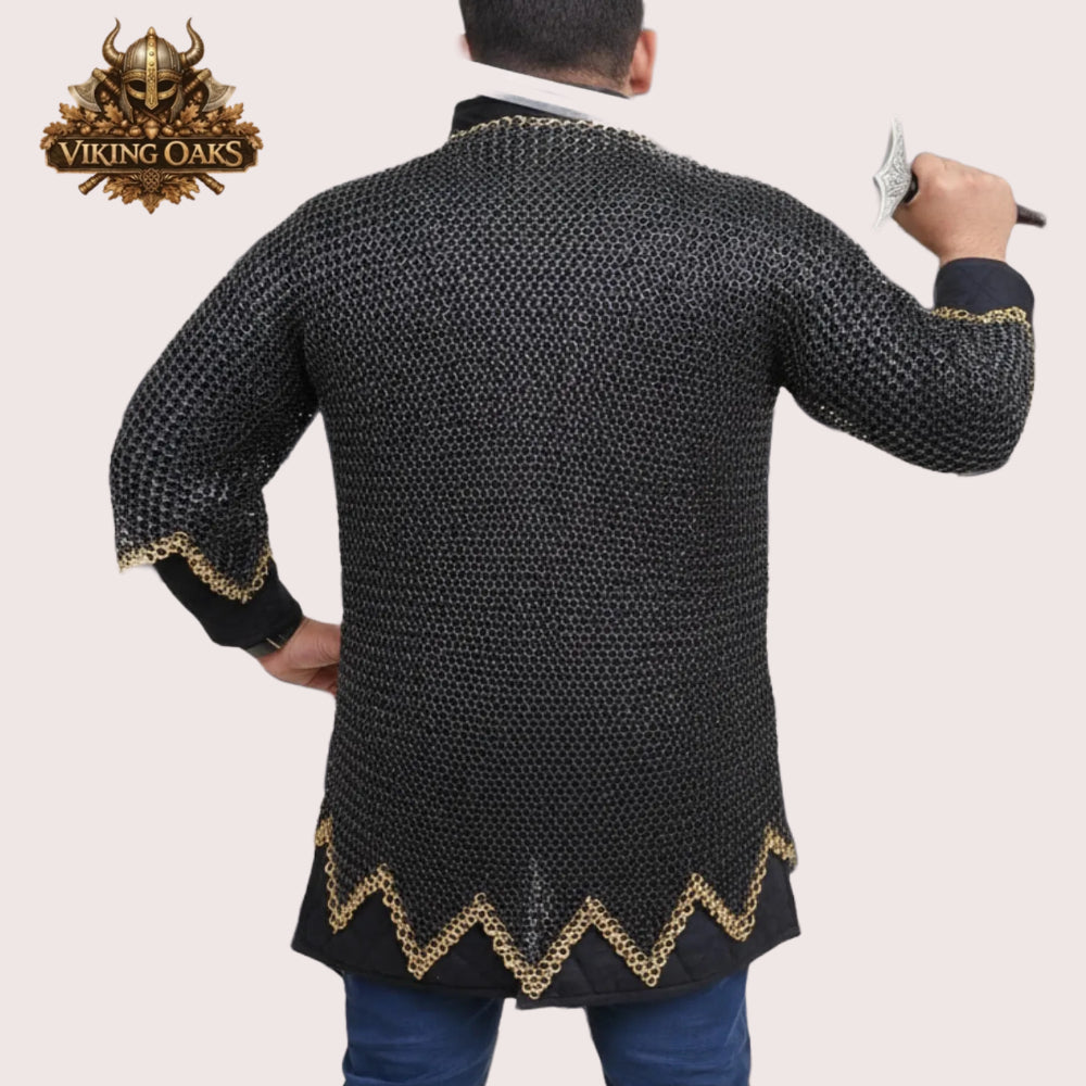 9MM Flat Chainmail Shirt Blackened Steel with Brass Trim Viking Costume for Ren Faire Events