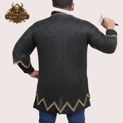9MM Flat Chainmail Shirt Blackened Steel with Brass Trim Viking Costume for Ren Faire Events