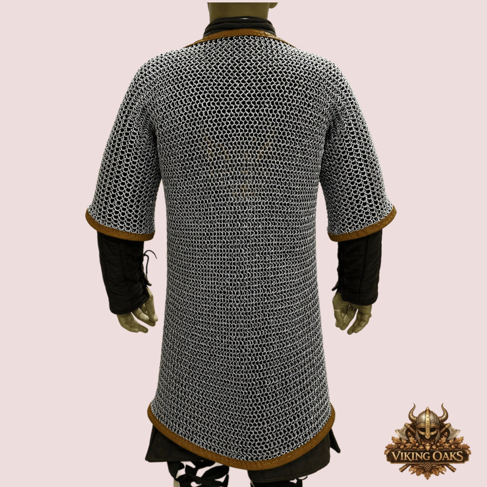 Chainmail Haubergeon, 9mm Flat Ring Riveted with Washer, Brown Leather Trim Trimmed Hauberk for LARP/SCA