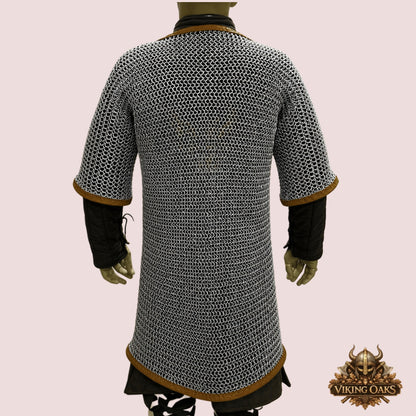 Chainmail Haubergeon, 9mm Flat Ring Riveted with Washer, Brown Leather Trim Trimmed Hauberk for LARP/SCA