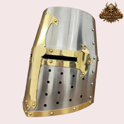 Medieval Crusader Helmet with Chainmail Coif & Stand Knight Armour Costume Set