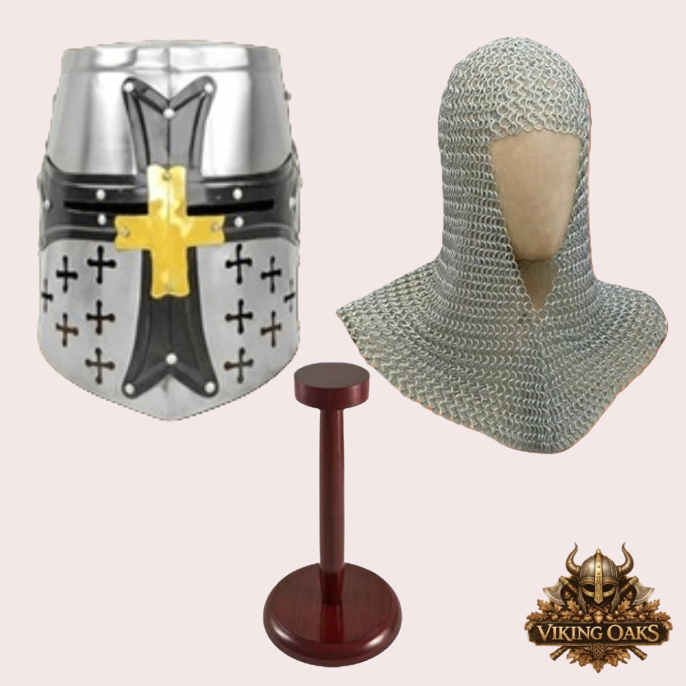 Templar Knight Helmet with Chainmail Coif & Stand Medieval Armour Set