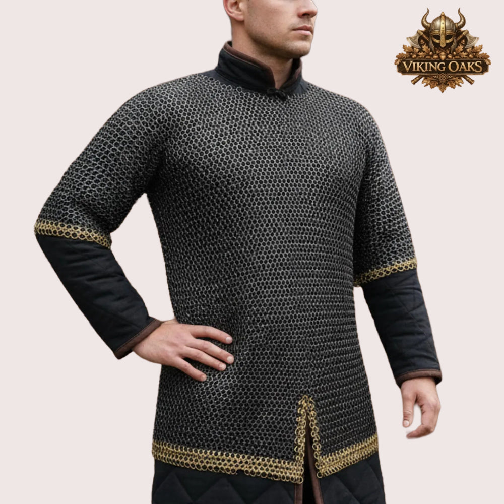 9mm Riveted Flat Ring Chainmail Haubergeon Viking Shirt with Brass Trim for Events