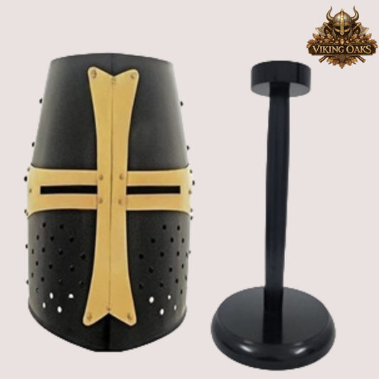 Black Crusader Helmet – Knights Templar Warrior Helm with Display Stand, Medieval Armor for LARP & Cosplay