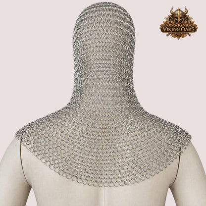 Butted Aluminum Chainmail Coif V-Neck – Silver Anodized Medieval Renfaire Hood