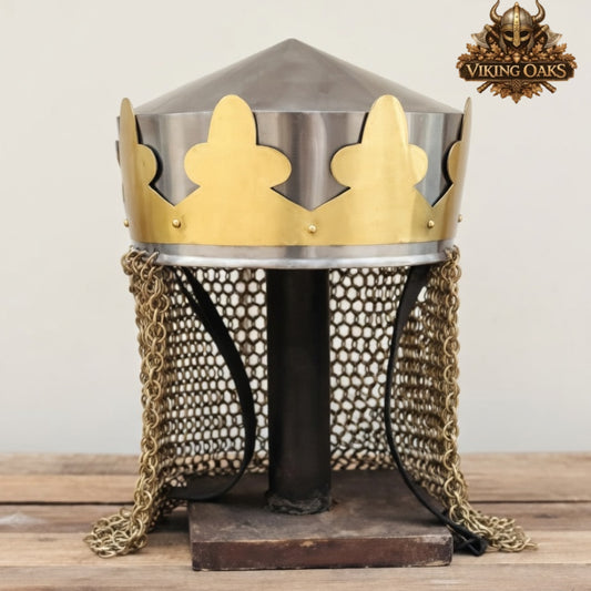 King Arthur Helmet with Brass Butted Chainmail – Medieval Knight Armor, Monty Python Inspired