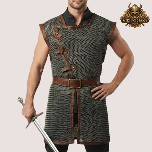 9MM Sleeveless Chainmail Hauberk Round Riveted Aluminum Armor with Brown Leather Trim