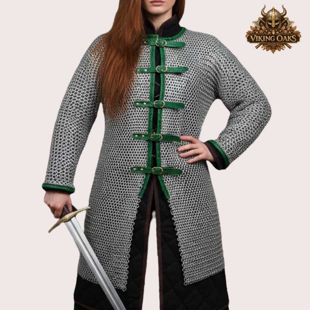 Dark Gray Aluminum Chainmail Hauberk 9MM Flat Ring Full Sleeve Front Open Halloween Costume