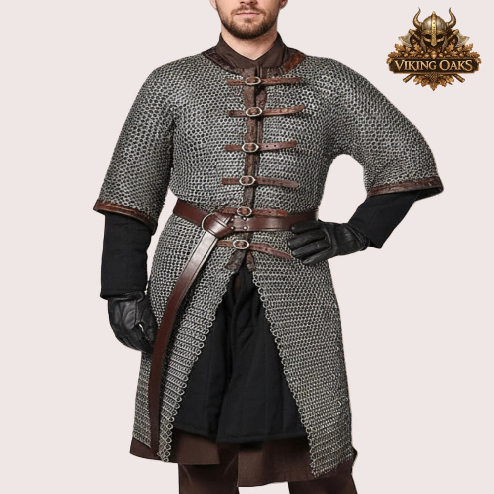 8MM Mild Steel Chainmail Hauberk Half Sleeve Flat Riveted Front Open Shirt Halloween Costume