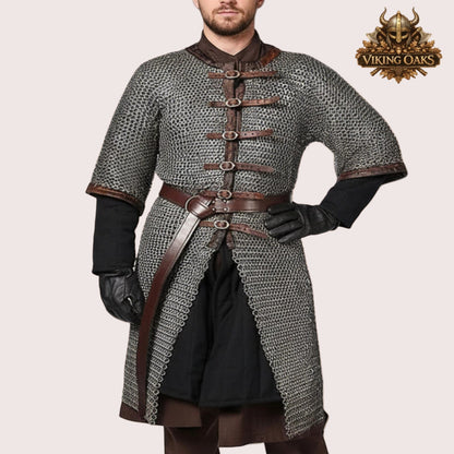 8MM Mild Steel Chainmail Hauberk Half Sleeve Flat Riveted Front Open Shirt Halloween Costume