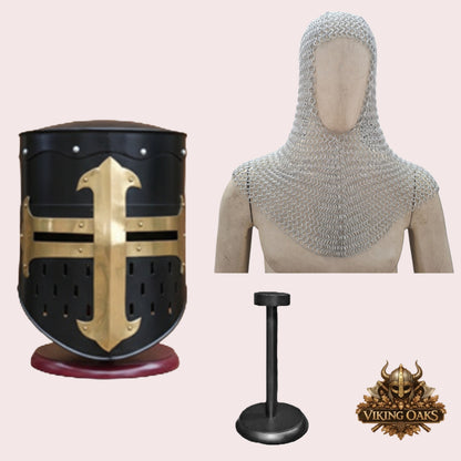 Medieval Crusader Helmet with Chainmail Coif & Stand Knight Armor Costume