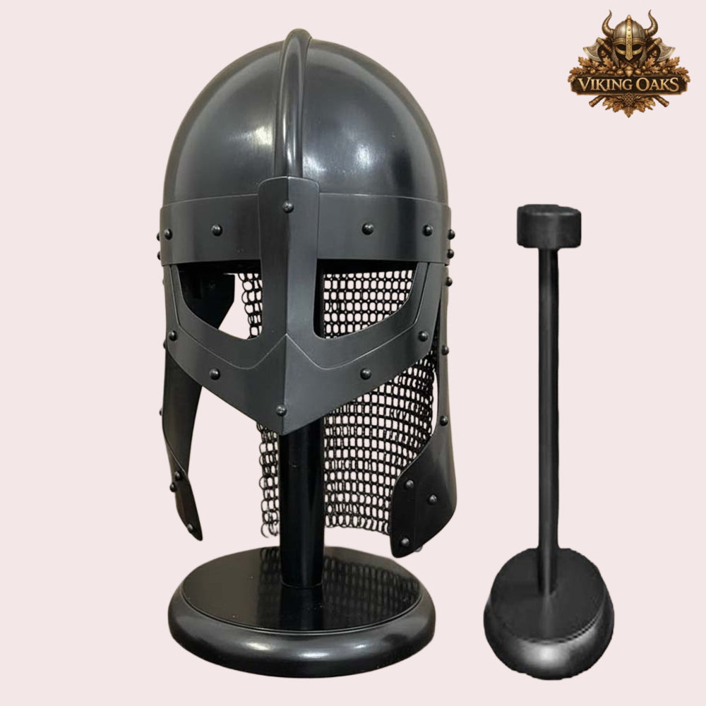 Raven Viking Helmet Norman Knight Chain Mail Helmet with Wooden Stand