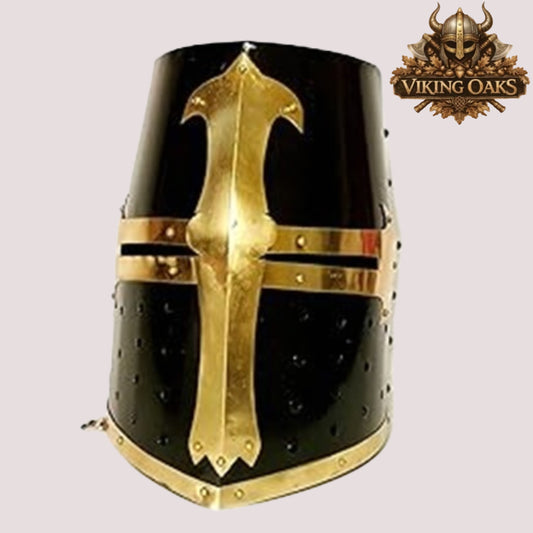 Black Crusader Helmet with Brass Trim – Knights Templar Armor for Reenactment & Cosplay
