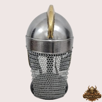 Medieval Viking Chainmail Helmet Replica with Wooden Display Stand Full Wearable Warrior Helmet Collectible Decor Gift