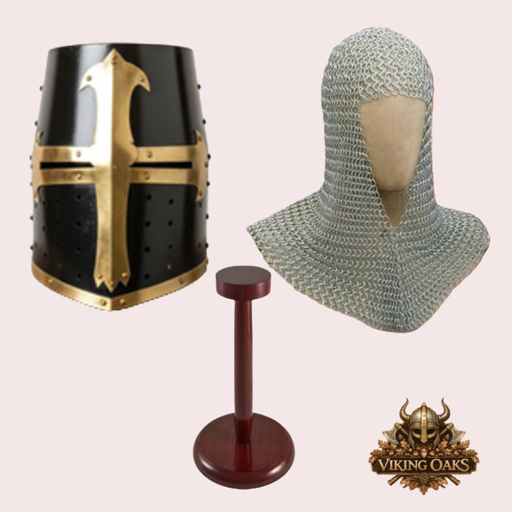 Black Crusader Helmet with Chainmail Coif & Stand Medieval Knight Armour Set