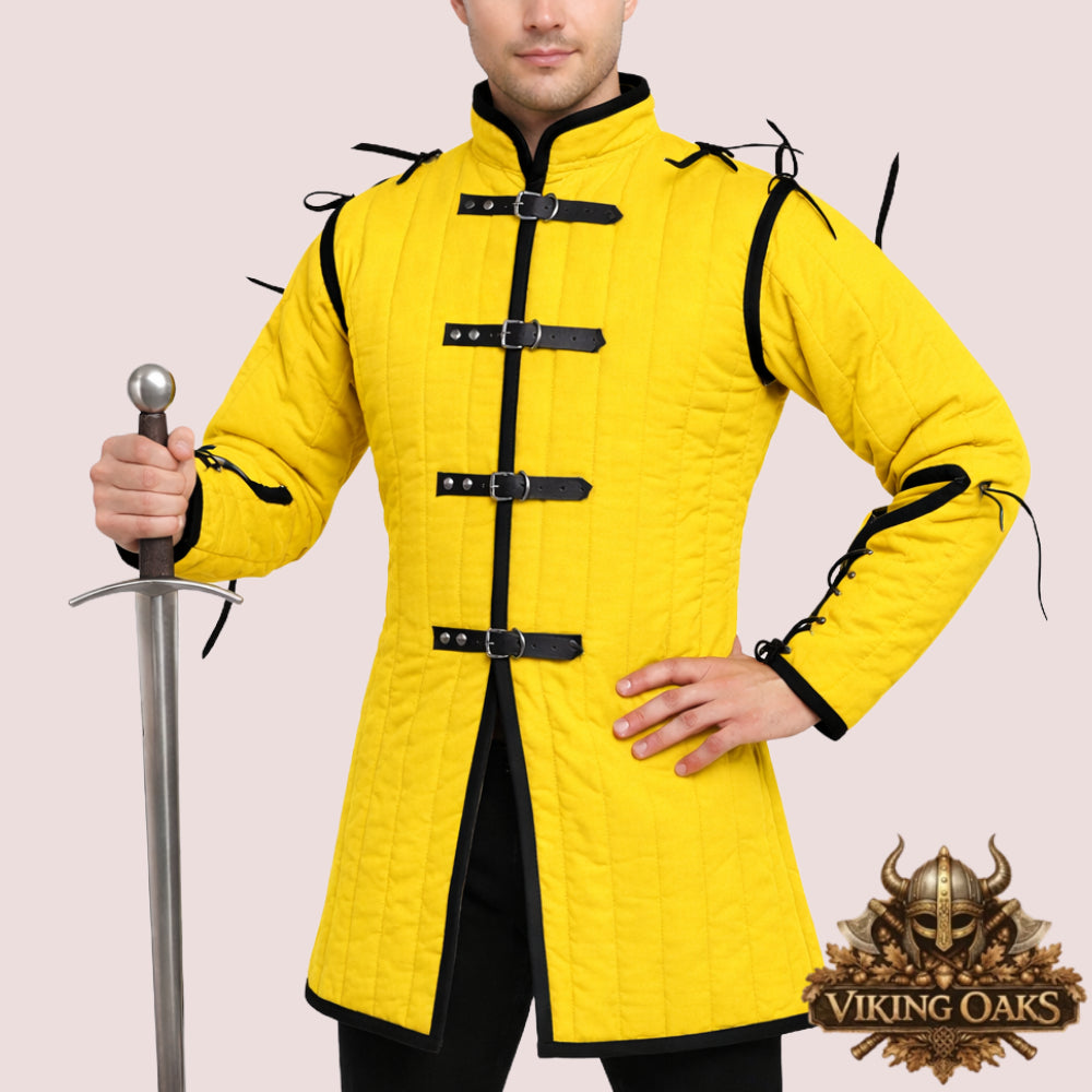 Medieval gambeson armor quilted cosplay costume made of 100% cotton displayed with size guide