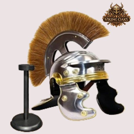 Roman Centurion Helmet  brown hair – Warrior Armor Helmet with Wooden Display Stand