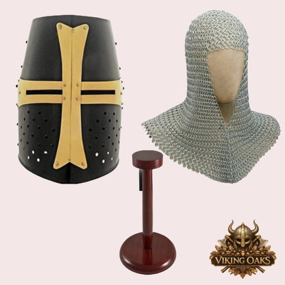 Black Crusader Helmet with Chainmail Coif & Stand Medieval Knight Armour Set