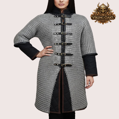 Dark Gray Aluminum Chainmail Long Hauberk 9mm Flat Rings Half Sleeve Front Open Easter Armor Costume