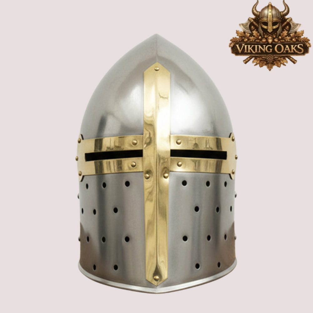 Sugarloaf Crusader Helmet with Wooden Stand – Silver Medieval Knight Armor Display