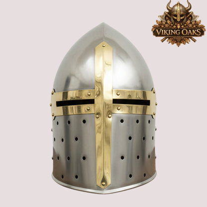 Sugarloaf Crusader Helmet with Wooden Stand – Silver Medieval Knight Armor Display