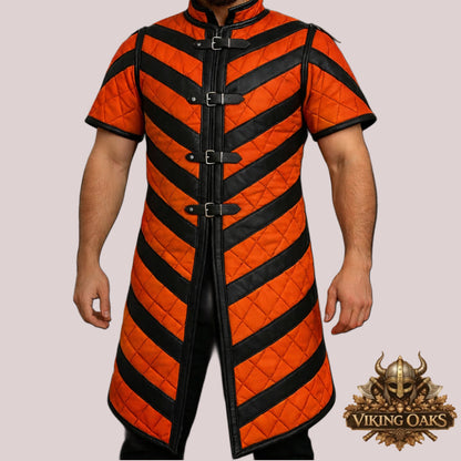 Orange Medieval Gambeson Armor Coat with Black Leather Trim for Renaissance LARP Costume