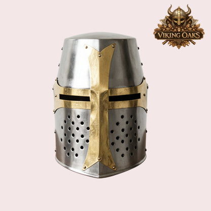 Silver Crusader Helmet with Chainmail Coif & Stand Medieval Knight Armour Set