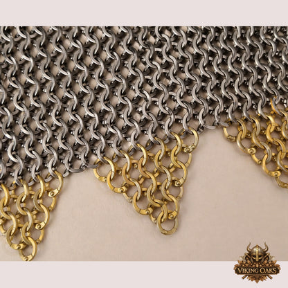 9mm Chainmail Gorget Flat Riveted Rings with Brass Zigzag Edge Medieval Collar Halloween Costume Armor