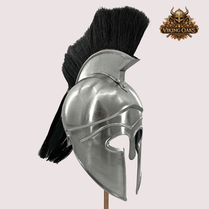 Silver Corinthian Warrior Helmet – Medieval Greek Armor with Wooden Display Stand