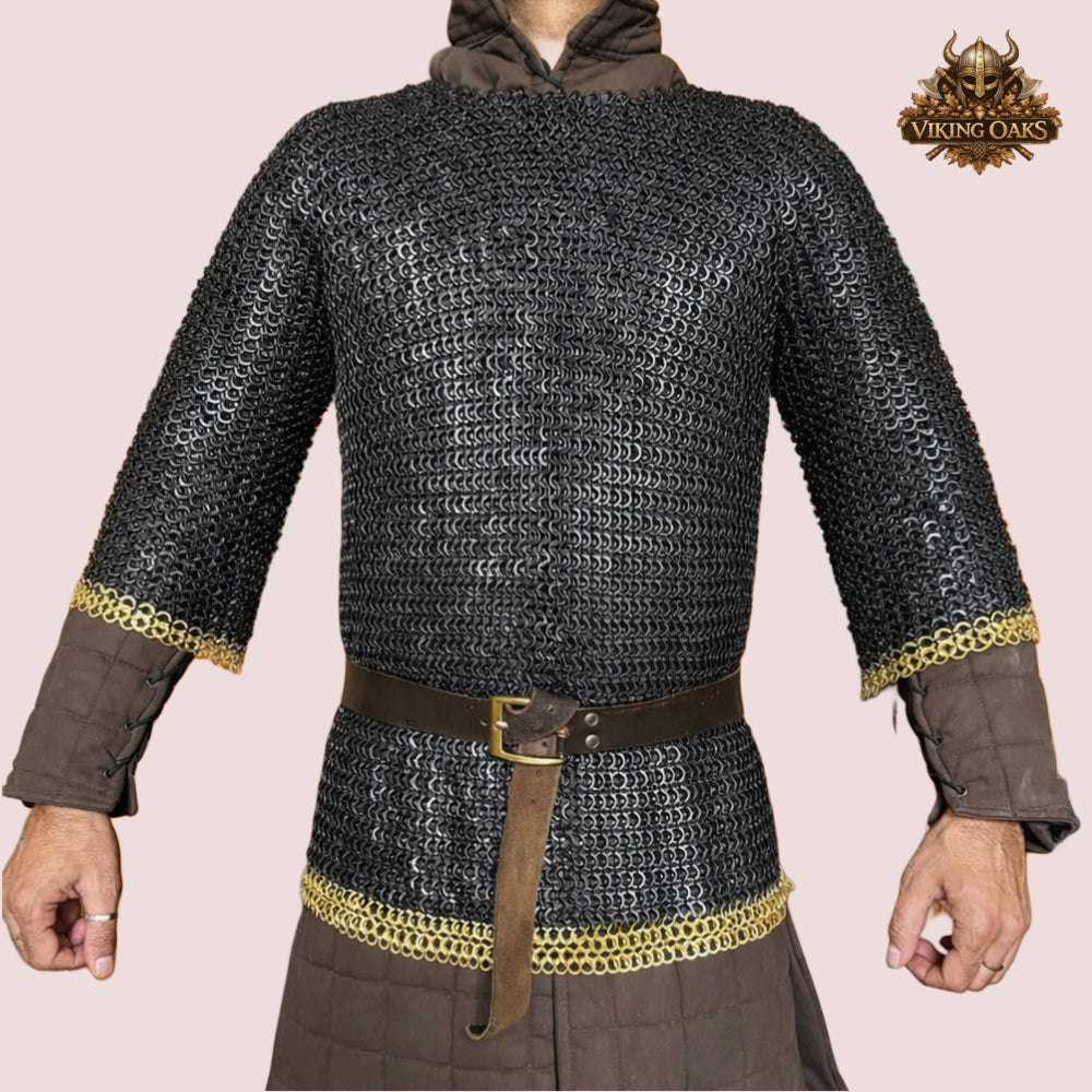 9MM Chainmail Haubergeon Riveted Viking Shirt Brass Trim Armor