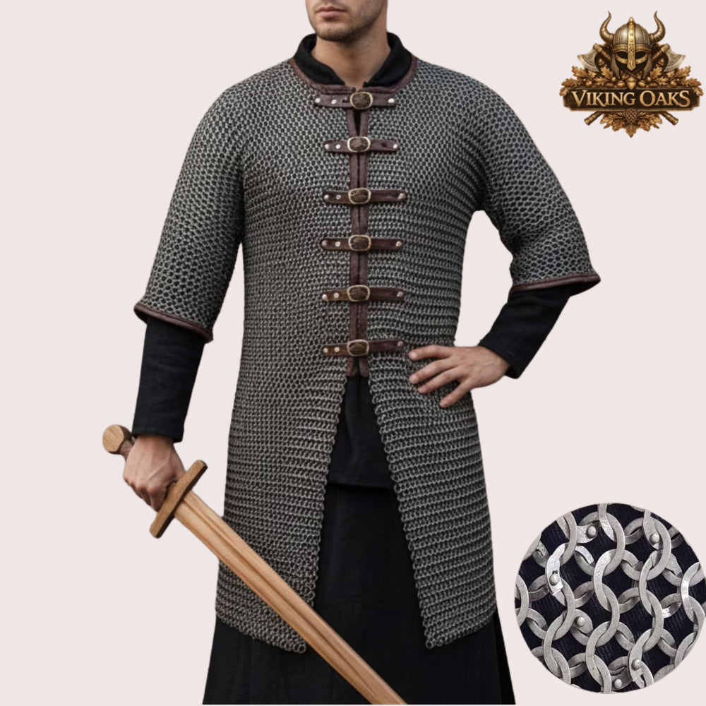 9MM Chainmail Hauberk Mild Steel Medieval Viking Front Open Shirt Half Sleeve Halloween Costume