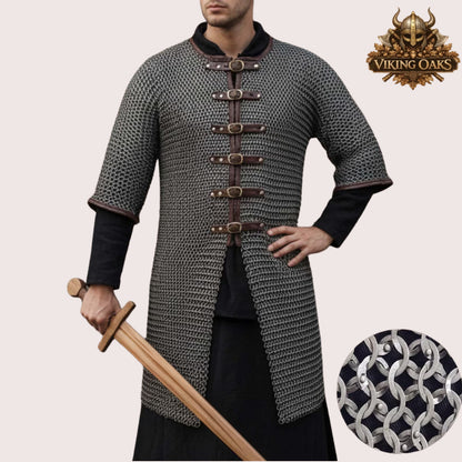 9MM Chainmail Hauberk Mild Steel Medieval Viking Front Open Shirt Half Sleeve Halloween Costume