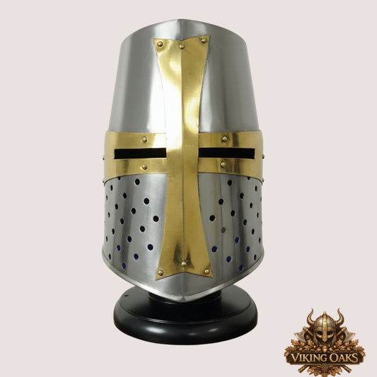 Crusader Helmet with Brass Trim – Knights Templar Medieval Armor for Reenactment, LARP & Cosplay