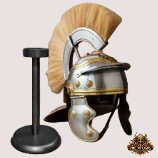 Roman Centurion Helmet with Brown Plume – Handmade Warrior Armor with Display Stand for Cosplay & Décor