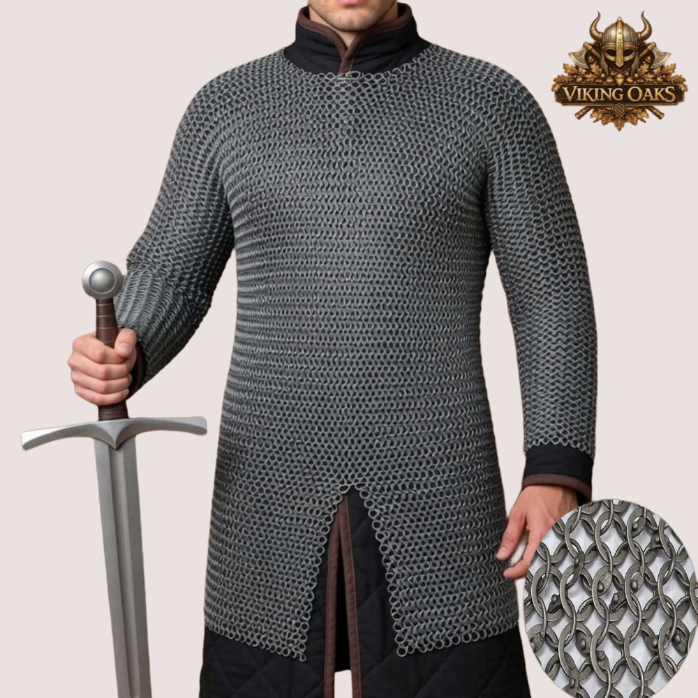 8MM Mild Steel Chainmail Hauberk Round Riveted Armor Shirt Ren Faire Costume