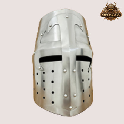 Crusader Helmet with Wooden Stand – Knights Templar Medieval Armor for Reenactment, LARP & Cosplay